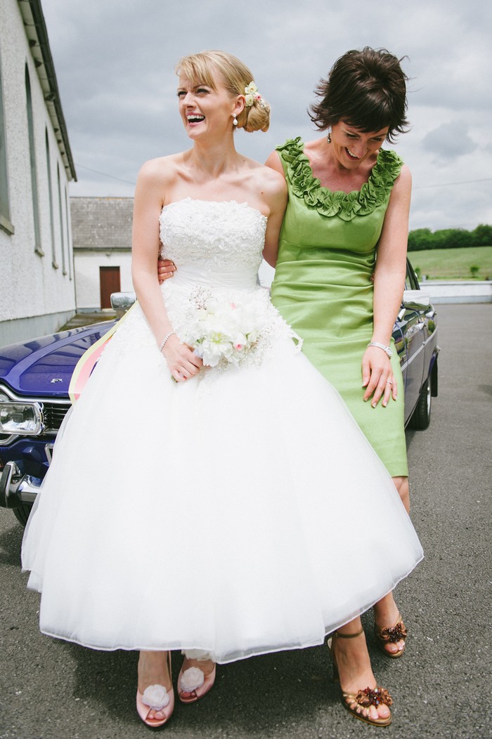 50s style wedding cool cadillac bride in tea length wedding dress